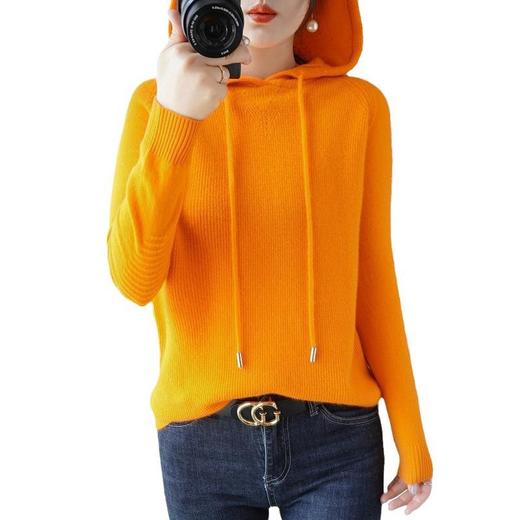 2023年秋冬新款韩版女士连帽长袖针织衫女士套头打底纯色针织衫 商品图4