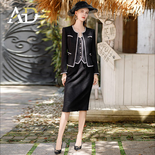 AD小香风粗花呢套装女2023秋装新款黑色编织外套正式场合三件套 商品图0