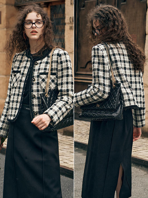 OLrain欧芮儿黑白格小香风短外套女秋装2023新款气质时尚减龄上衣 商品图3