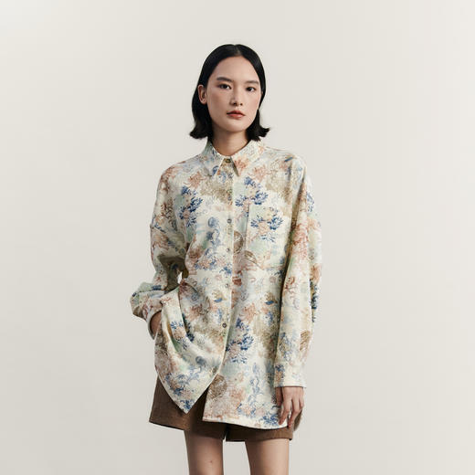 谜底花色衬衫长袖女2023冬款BF风宽松雪尼尔中长款衬衣234MC1560 商品图0