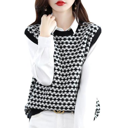 棋盘格圆领叠穿套头马甲背心女新款休闲格子宽松针织坎肩毛衣女 商品图4