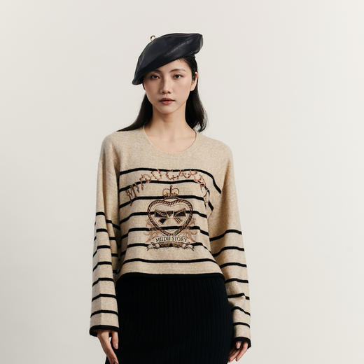 谜底条纹套头针织衫女2023冬新款复古文艺圆领套头毛衣234MZ1861 商品图0