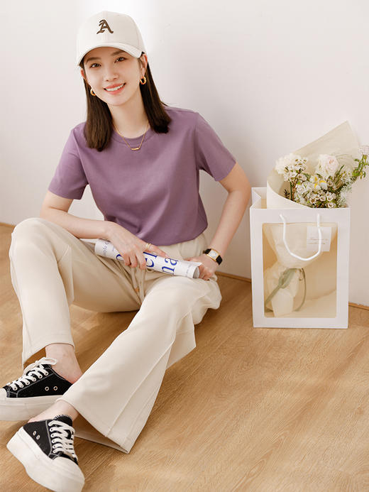 轻奢定制 棉柔速干! 春夏宽松显瘦打底纯色短袖女百搭圆领内搭薄T恤 商品图2