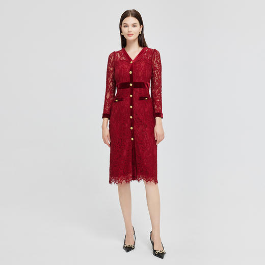 NG850斯尔丽2023秋季新款法式优雅拼接丝绒小香风感蕾丝连衣裙 商品图3