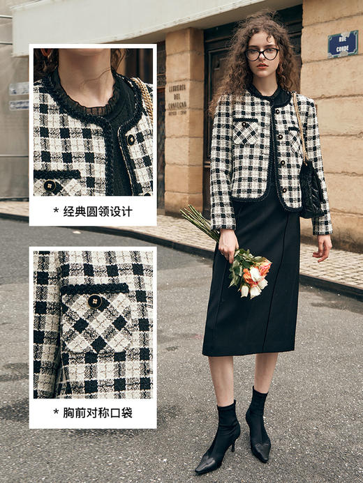 OLrain欧芮儿黑白格小香风短外套女秋装2023新款气质时尚减龄上衣 商品图2