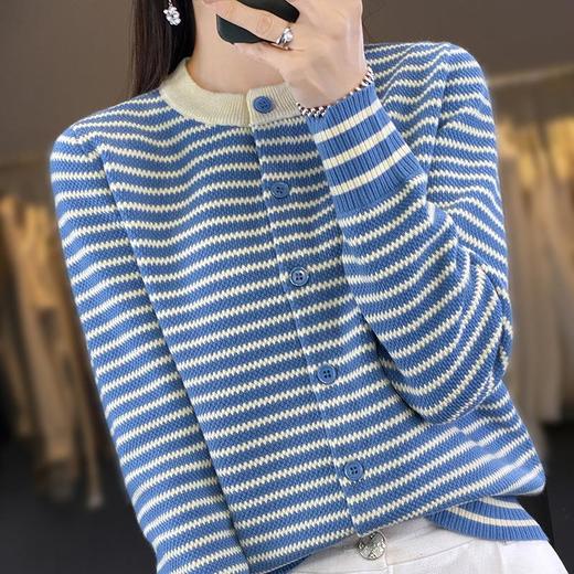 撞色条纹软糯针织上衣女2023年秋季新款甜美减龄短款毛衣开衫 商品图0