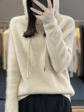 2023年秋冬新款韩版女士连帽长袖针织衫女士外地套头纯色针织帽衫