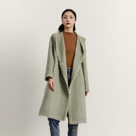 谜底连帽长款毛呢外套女2023冬款时髦宽松毛边呢子大衣234MD1513