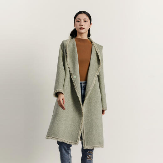谜底连帽长款毛呢外套女2023冬款时髦宽松毛边呢子大衣234MD1513 商品图0