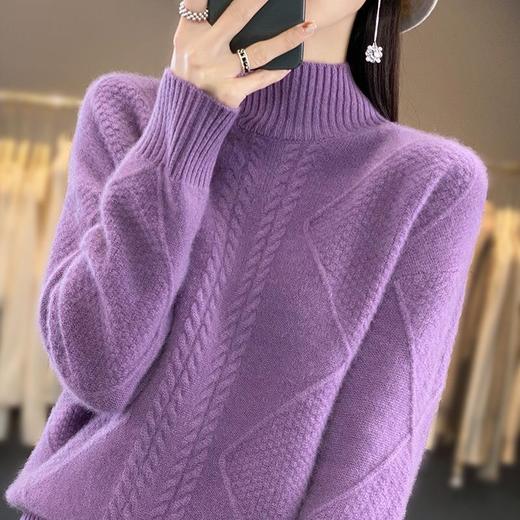 2023秋季针织衫女毛衣女半高领厚款麻花落肩宽松慵懒 商品图0