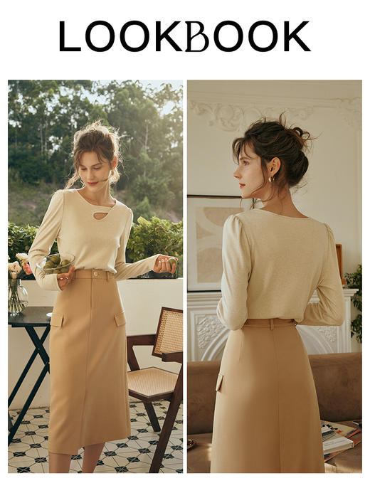 OLrain欧芮儿奶油杏长袖T恤女秋季2023新款修身泡泡袖内搭打底衫 商品图3