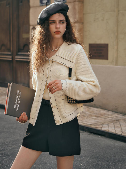 OLrain欧芮儿大翻领针织开衫女初秋2023新款宽松气质撞色毛衣外套 商品图3