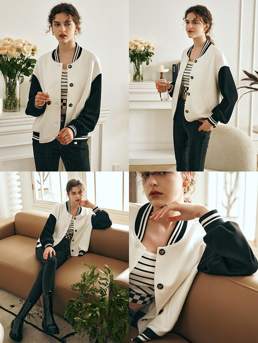 OLrain欧芮儿美式黑白色卫衣女秋装2023年新款复古棒球开衫短外套 商品图1