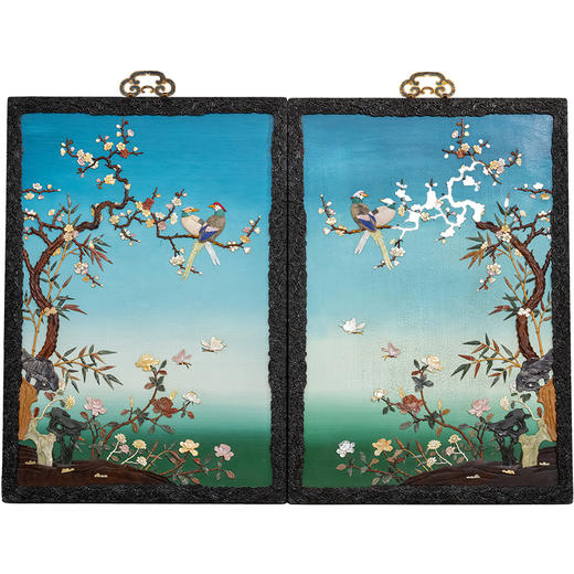 二十世纪 紫檀雕灵芝纹镶漆地百宝嵌花鸟纹挂屏（一对） 商品图5