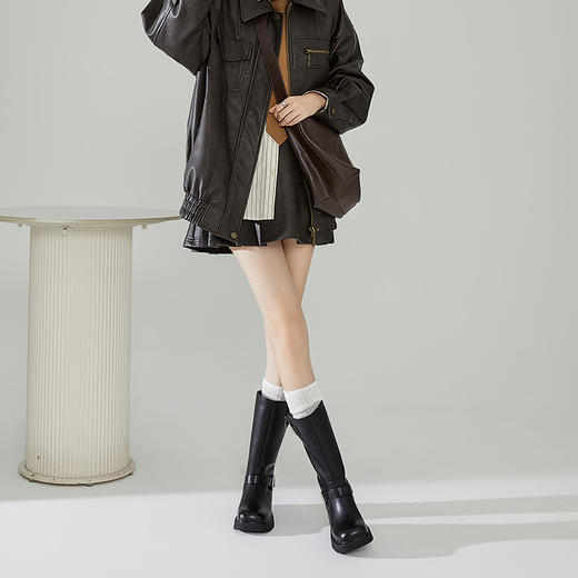 西遇机车骑士靴女新款秋冬复古美拉德宽筒中筒靴西部牛仔靴子V0034127 商品图3