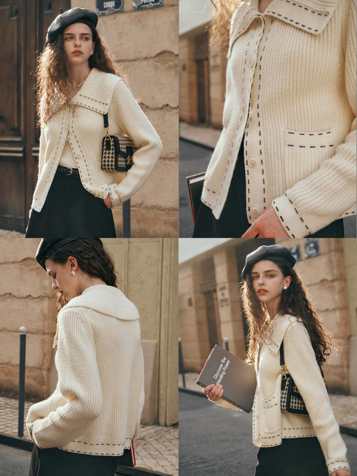 OLrain欧芮儿大翻领针织开衫女初秋2023新款宽松气质撞色毛衣外套 商品图1