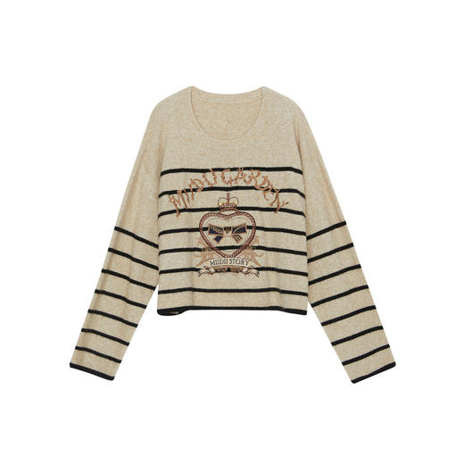 谜底条纹套头针织衫女2023冬新款复古文艺圆领套头毛衣234MZ1861 商品图4