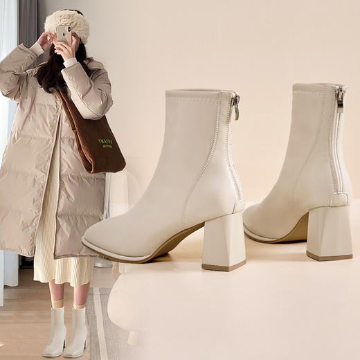 ZHR雅致方头绒暖短靴女2023冬季新款法式复古高跟女靴瘦瘦靴百搭 商品图4