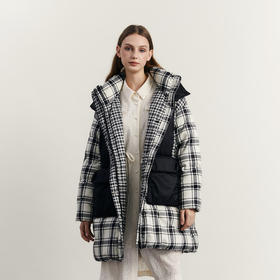 谜底连帽中长款羽绒服女2023冬款复古格子拼接鸭绒保暖234MY1500