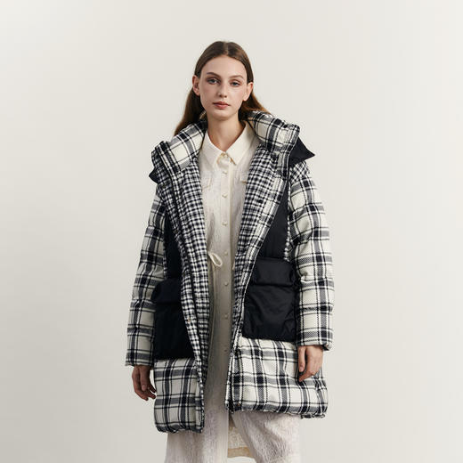 谜底连帽中长款羽绒服女2023冬款复古格子拼接鸭绒保暖234MY1500 商品图0