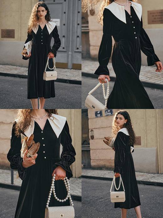 OLrain欧芮儿黑色连衣裙女秋季2023新款收腰复古赫本风大翻领裙子 商品图1