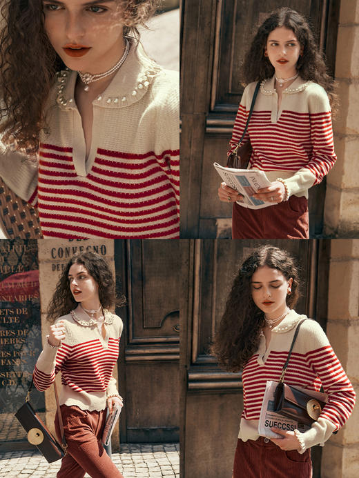 OLrain欧芮儿条纹毛衣女初秋2023年新款宽松套头上衣娃娃领针织衫 商品图1