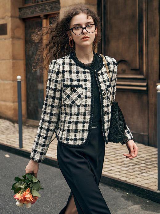 OLrain欧芮儿黑白格小香风短外套女秋装2023新款气质时尚减龄上衣 商品图0