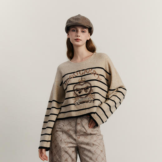 谜底条纹套头针织衫女2023冬新款复古文艺圆领套头毛衣234MZ1861 商品图1