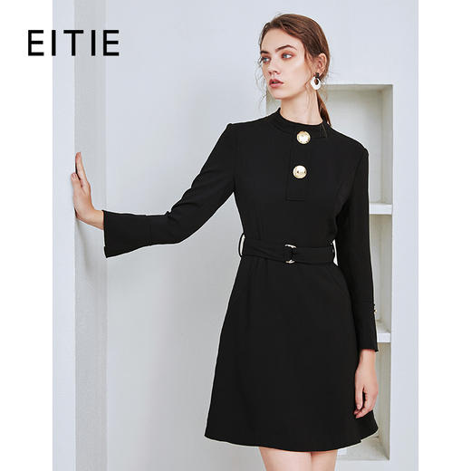 EITIE爱特爱秋季新款时尚通勤显瘦百搭小黑裙喇叭袖连衣裙女C2007532 商品图0