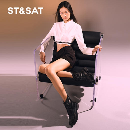 星期六潮酷系带英伦风粗跟短靴SS34116581 商品图3
