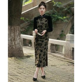 BJS-8603复古气质民国风丝绒旗袍 秋季新款改良日常新式显瘦旗袍裙8603