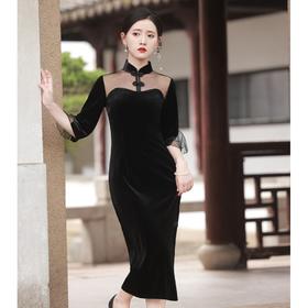 BJS-8005改良复古丝绒旗袍长款 秋季新款气质民国风显瘦丝绒旗袍裙8005