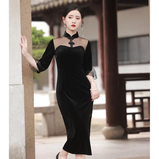 BJS-8005改良复古丝绒旗袍长款 秋季新款气质民国风显瘦丝绒旗袍裙8005 商品图0