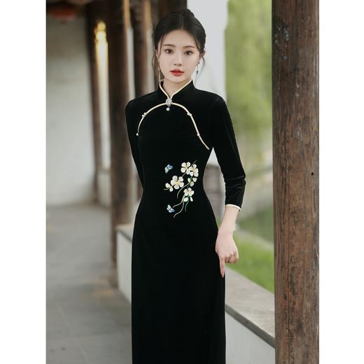 BJS-8007改良复古丝绒旗袍长款 秋季新款气质民国风日常丝绒旗袍裙8007 商品图1