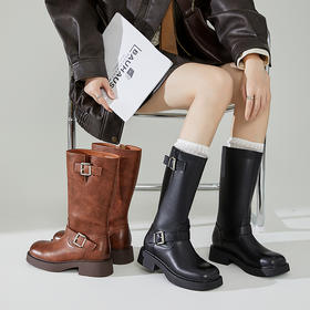 西遇机车骑士靴女新款秋冬复古美拉德宽筒中筒靴西部牛仔靴子V0034127