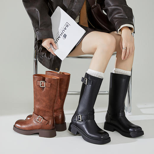 西遇机车骑士靴女新款秋冬复古美拉德宽筒中筒靴西部牛仔靴子V0034127 商品图0