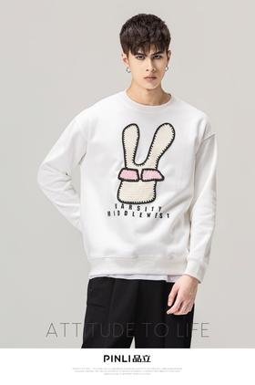 PINLI品立秋装新款男士贴布绣圆领套头休闲卫衣潮BG223309033