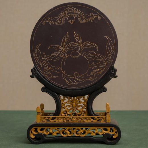 二十世纪 红木黄杨座祁阳石嵌青金石屏芯云龙纹圆形插屏 商品图1