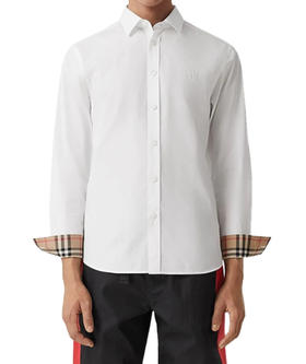 【预定款】BURBERRY博柏利 男士全棉 格纹印花袖口领口 胸前TB刺绣长袖衬衫 8032308 偏大一码