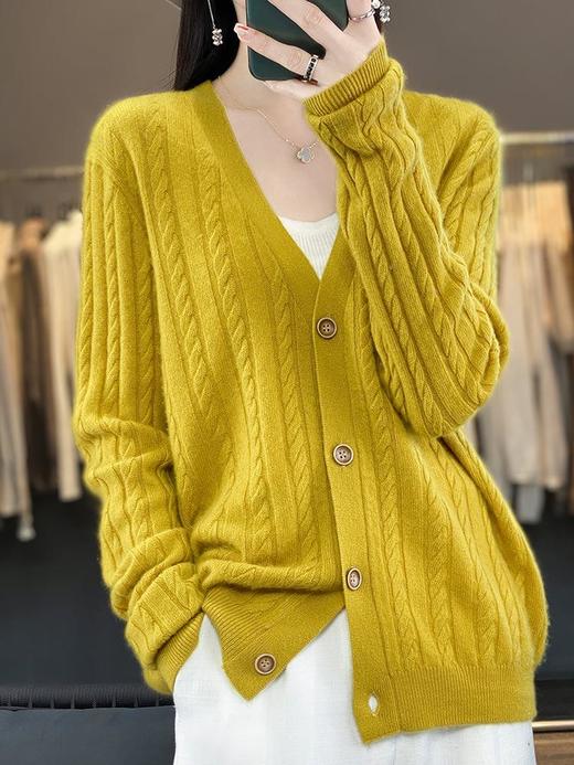 2023年秋冬新款韩版女士纯羊毛螺纹针织长袖纯色外搭女士羊毛开衫 商品图0