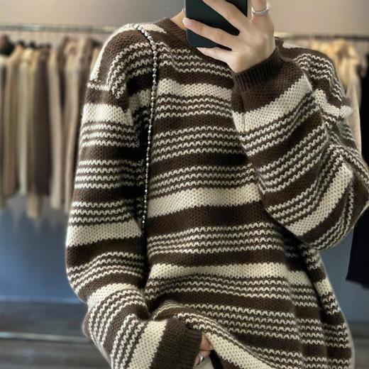 撞色复古条纹羊毛衫2023秋冬新款女士圆领宽松厚款长袖套头针织衫 商品图0