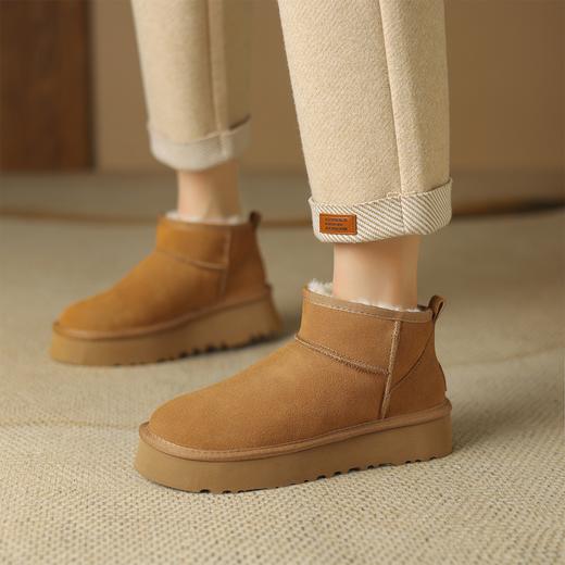 阿么手工女鞋真皮及踝雪地靴冬季保暖加绒2024新款一脚蹬厚底4CM 商品图4