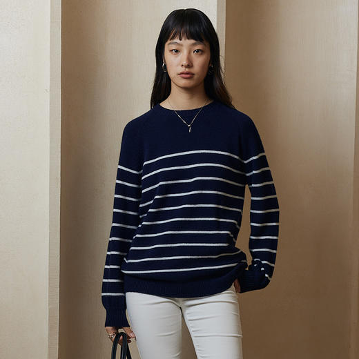 IN AND ON 100%绵羊毛 INS风条纹针织圆领毛衣53647 商品图0