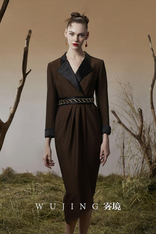 3203052 幽褐怀金 进口双色混织亮丝斜纹连衣裙 雾境 商品图5