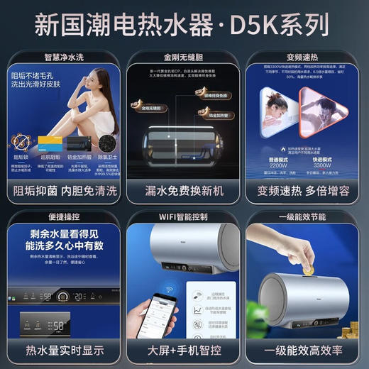 Haier海尔（Haier）电热水器60升短款小型 变频速热 内胆免清洗镁棒免更换 一级能效节能净水抑垢 60升3300W短款ES60H-D5K(2A)U1 商品图1