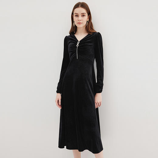 EITIE爱特爱秋季新款气质V领收腰显瘦A摆连衣裙C2307264 商品图2