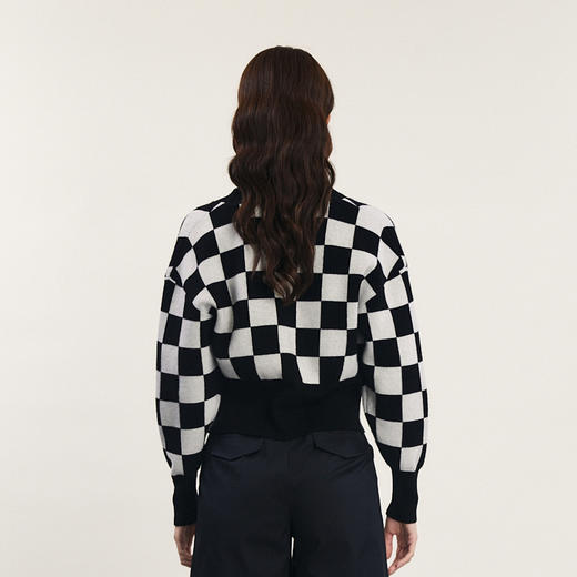 谜底短款针织开衫女2023冬款复古文艺棋盘格收腰羊毛衫239MZ7500 商品图2