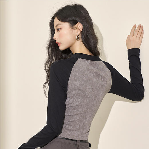 西遇新中式长袖上衣女新款插肩袖改良国风收腰短款T恤11738152 商品图4