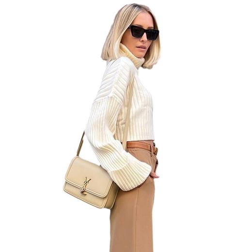 【新款美拉德风毛衣】高领毛衣女2023秋装，女装纯色条纹，欧美短款喇叭袖，针织衫女外套 商品图3