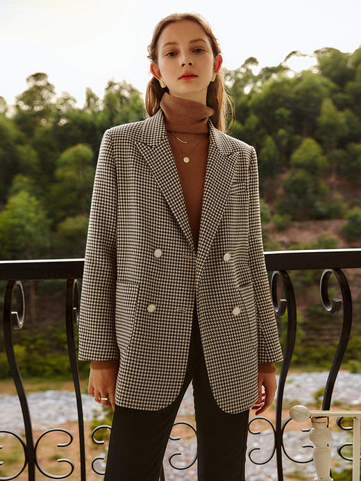 欧芮儿千鸟格外套女春季新款2022宽松显瘦时尚休闲中长款西装大衣 商品图2